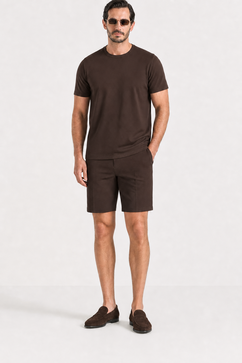 Amaro Vello Espresso Tee & Shorts Set on model