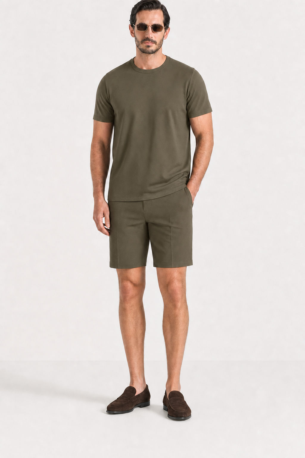 Amaro Vello Olive Tee & Shorts Set on model